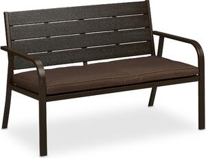 Panchina da giardino Relaxdays con cuscini di seduta, effetto legno, dimensioni: 78 x 118 x 66 cm, a 2 posti, robusta panchina da balcone, panca, marrone