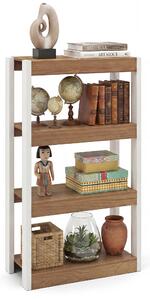 KOMFOTTEU, scaffale a giorno con 3/4 ripiani, libreria angolare con struttura in metallo, scaffale verticale in legno con sistema antiscivolo, ideale per soggiorno o studio (colore naturale, 4 ripiani)