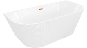 Mexen Oris vasca da bagno freestanding adiacente alla parete, scanalata 150 x 75 cm, bianca, troppopieno in rame spazzolato