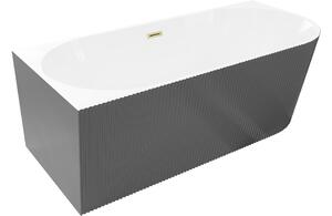 Mexen Silo vasca da bagno freestanding angolare sinistra rigata 150 x 75 cm, bianca/grigia, troppopieno dorato spazzolato