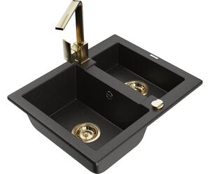 Mexen Carlos lavello in granito 1,5 vasche con miscelatore cucina Rita, nero/oro metallizzato - 6518-75-670300-50