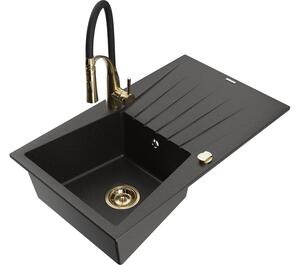 Mexen Cesar lavello in granito a 1 vasca con sgocciolatoio e miscelatore cucina Aster, nero/oro metallizzato