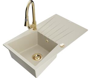 Mexen Cesar lavello in granito con 1 vasca e scolapiatti e rubinetto da cucina Elia, beige - 6514-69-670101-50
