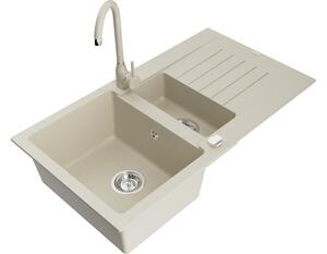 Mexen Matias lavello in granito 1,5 vasche con scolapiatti e rubinetto da cucina Telma, beige - 6502-69-670200-69