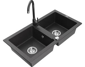 Mexen Mario lavello in granito a 2 vasche con rubinetto da cucina Telma, nero screziato - 6504-76-670200-76
