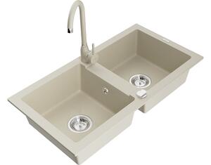 Mexen Mario lavello da cucina in granito a 2 vasche con rubinetto Telma, beige - 6504-69-670200-69