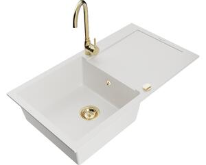 Mexen Leo lavello da cucina in granito a 1 vasca con scolapiatti e miscelatore Telma, bianco - 6501-20-670200-50