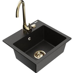 Mexen Milo lavello in granito 1-vasca con rubinetto da cucina Telma, nero/oro - 6505-75-670200-50