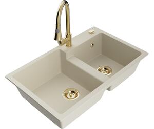 Mexen Tomas lavello da cucina in granito a 2 vasche con rubinetto Elia, beige - 6516-69-670101-50