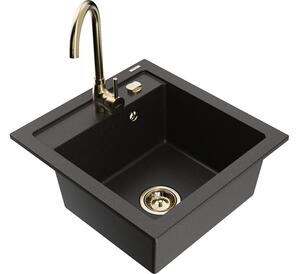 Mexen Vito lavello in granito a 1 vasca con rubinetto da cucina Telma, nero/oro metallico - 6503-75-670200-50