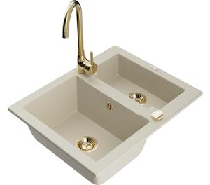 Mexen Carlos lavello da cucina in granito 1,5 vasca con rubinetto Telma, beige - 6518-69-670200-50