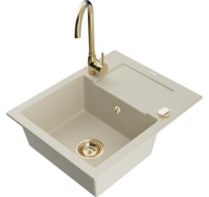 Mexen Enzo lavello da cucina in granito, 1 vasca con gocciolatoio e miscelatore Telma, beige - 6506-69-670200-50
