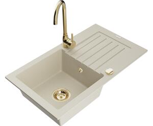 Mexen Pablo lavello in granito a 1 vasca con scolapiatti e rubinetto da cucina Telma, beige - 6510-69-670200-50