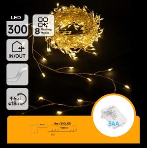 Aigostar - Catena luminosa natalizia LED da esterno 300 LED/8 funzioni 3xAA 9,3m IP44 bianco caldo