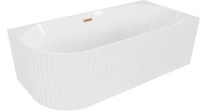 Mexen Gia vasca da bagno autonoma ad angolo destro con rigatura 150 x 75 cm, bianco lucido, troppo pieno rame satinato