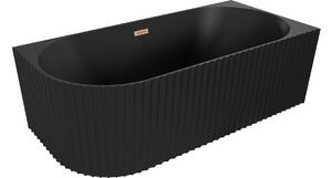 Mexen Gia vasca da bagno freestanding angolare rigata destra 150 x 75 cm, nero opaco, troppopieno in rame spazzolato