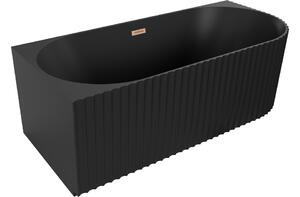 Mexen Gia vasca da bagno freestanding angolare sinistra con scanalature 150 x 75 cm, nero opaco, troppopieno rame spazzolato