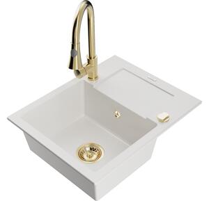 Mexen Enzo lavello in granito a 1 vasca con sgocciolatoio e miscelatore cucina Elia, bianco - 6506-20-670101-50