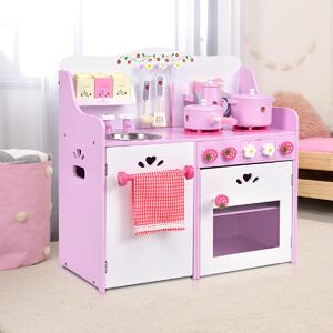 Costway Giocattolo da cucina per bambini in legno a tema fragole con accessori 13 pezzi 60x30x62cm Rosa