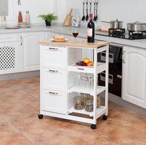 Costway Carrello da cucina in legno di gomma, Carrellino con vassoio 2 mensole e 3 cassetti, Bianco