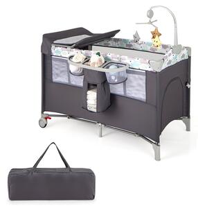 Costway Lettino per bambini con materasso fasciatoio carillon e 3 giocattoli appesi, Box multiuso 5 in 1 Grigio scuro