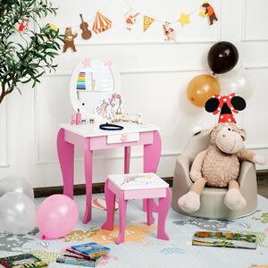 Costway Toeletta per bambine, toeletta principesse con sgabello specchio smontabile e cassetto, Rosa e bianco
