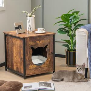 Costway Tavolino multiuso per gatti con porta ingresso a forma di gatto, Mobile decorativo per lettiera per gatti Marrone