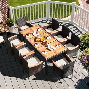 Costway Set da pranzo in vimini con piano d'appoggio in acacia e cuscini rimovibili, Set di mobili per 8 persone Beige