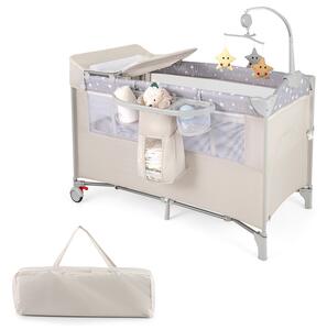 Costway Lettino per bambini con materasso fasciatoio carillon e 3 giocattoli appesi, Box multiuso 5 in 1 Beige