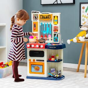 Costway Set da cucina per bambini con 38 accessori, Set giocattolo con finto vapore cappa aspirante con canzoni Blu