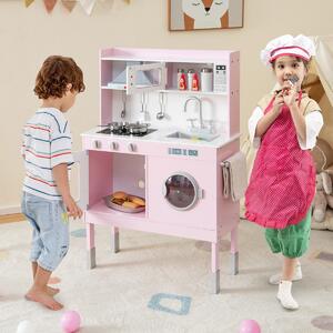 Costway Cucina giocattolo con cappa e lavatrice accessori adorabili suoni e luci reali, Set cucina in legno bambini Rosa