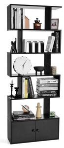 Costway Libreria a forma di S a 5 livelli con ante, Scaffali decorativi in legno per il soggiorno l'ufficio Nero