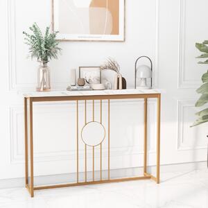 Costway Tavolo console da 120cm con piano effetto marmo e struttura in metallo, Tavolo moderno con cornice dorata Bianco