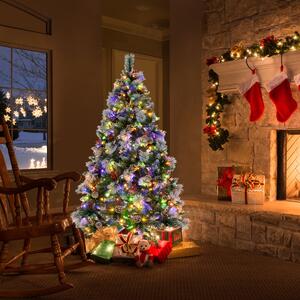 Costway Albero di Natale pre-illuminato con aghi di pino luci led, Albero di natale artificiale incernierato da 185cm