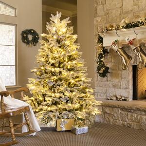 Costway Albero di natale artificiale con punte di rami PE PVC luci LED bianche calde, Albero di natale flocked 135cm