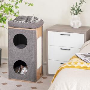 Costway Casetta per gatti a 3 piani con tiragraffi 2 scomparti coperti cuccia 3 materassini, Casa gatti moderna Grigio