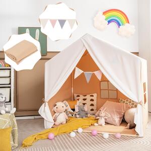 Costway Tenda gioco per bambini con tappetino lavabile e bandiera, Tenda con finestre struttura in legno Marrone