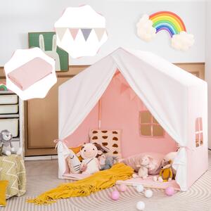 Costway Tenda gioco per bambini con tappetino lavabile e bandiera, Tenda con finestre struttura in legno Rosa