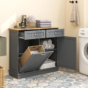 Costway Mobile per pattumiera ribaltabile da cucina, Mobile con vano per pattumiera piano in legno di gomma 2 cassetti Grigio