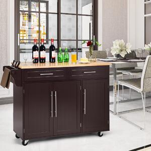 Costway Carrello da cucina in legno con 2 cassetti e maniglia, Armadietto da cucina con ruote 122x45,5x92,5cm Marrone