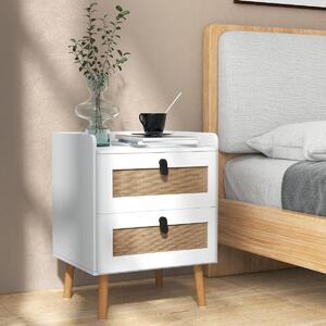 Costway Comodino moderno con 2 cassetti gambe in legno massello stile boho, Tavolino laterale 45x40x57cm Bianco