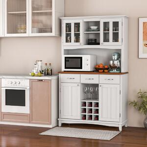 Costway Credenza alta con ante in vetro temperato portabottiglie ripiani regolabili 3 cassetti, Mobile dispensa da cucina