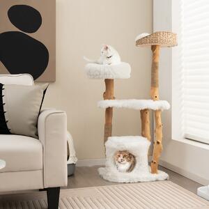 Costway Albero per gatti in legno massello alto 124cm, Albero tiragraffi da interno con pali di corda di juta Bianco