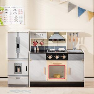 Costway Cucina giocattolo in legno con frigorifero e fornelli, Set da cucina per bambini 3 anni+ con forno e 3 scomparti