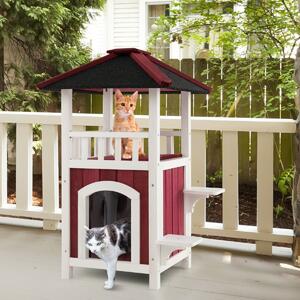 Costway Casetta per gatti da esterno con tetto in asfalto balcone tenda antipioggia, Casetta per animali in legno Rosso