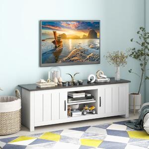 Costway Mobile TV da 145cm con 2 ante ripiani aperti 2 fori passacavi, Tavolino TV in legno per soggiorno Grigio Scuro