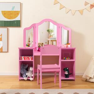 Costway Set tavolo da trucco sedia per bambini con specchio a 3 ante rimovibile, Set 2-in-1 di vanità per ragazze Rosa