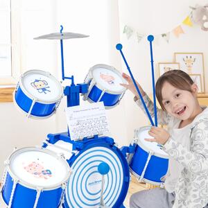 Costway Set di batteria per bambini con cassa 2 tamburi medi 2 rullanti piatto bacchette e pedale, Kit di batteria jazz Blu