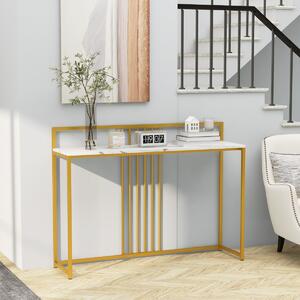Costway Tavolo da ingresso lungo 120cm, Consolle con piano effetto marmorino sponda struttura in metallo dorato Bianco