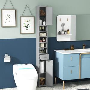 Costway Mobile colonna da bagno con 2 ante 1 cassetto e 5 ripiani regolabili, Colonna bagno da terra salvaspazio Grigio